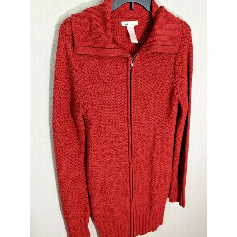 Tulle Long Waffle Knit Sweater Zip Front Dark Orange Long Sleeve Dual Zippers XL